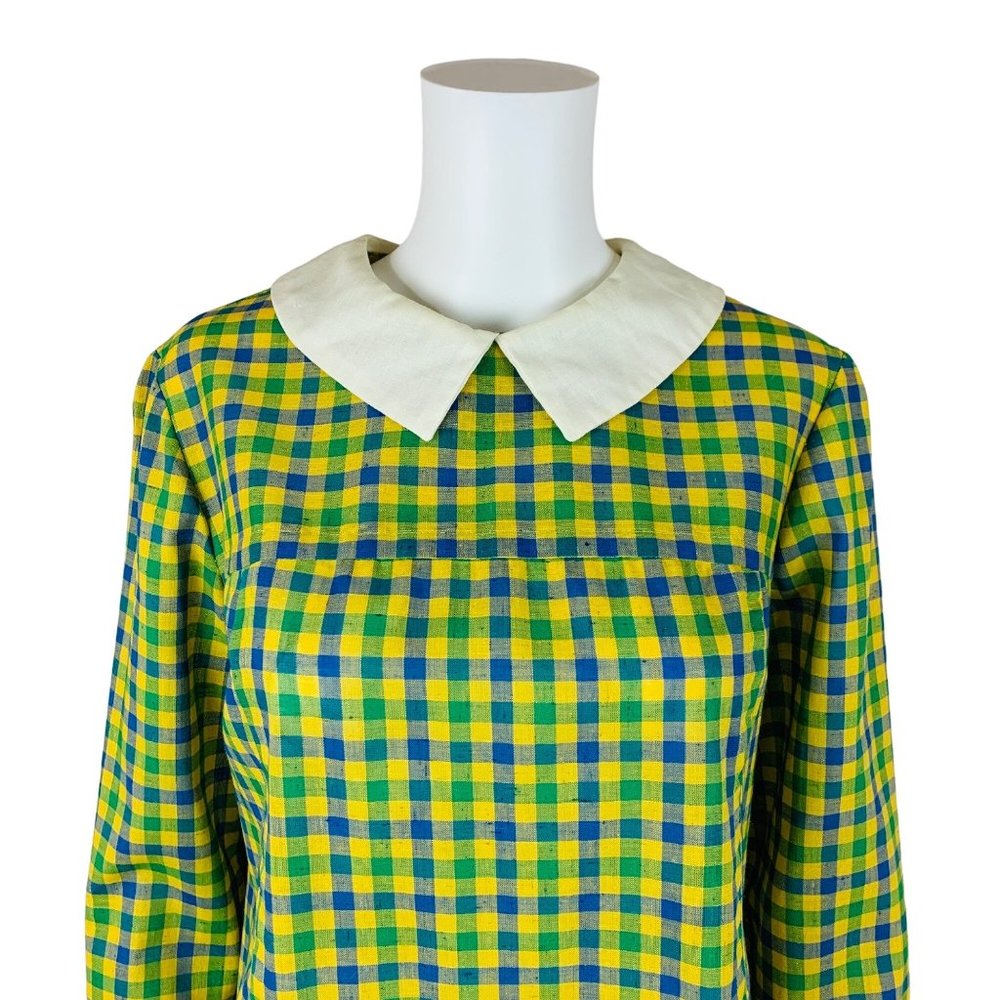 Vintage 1960s Checkered Dress Blue Green Schoolgirl Peter Pan Collar Sears - Picture 4 of 11